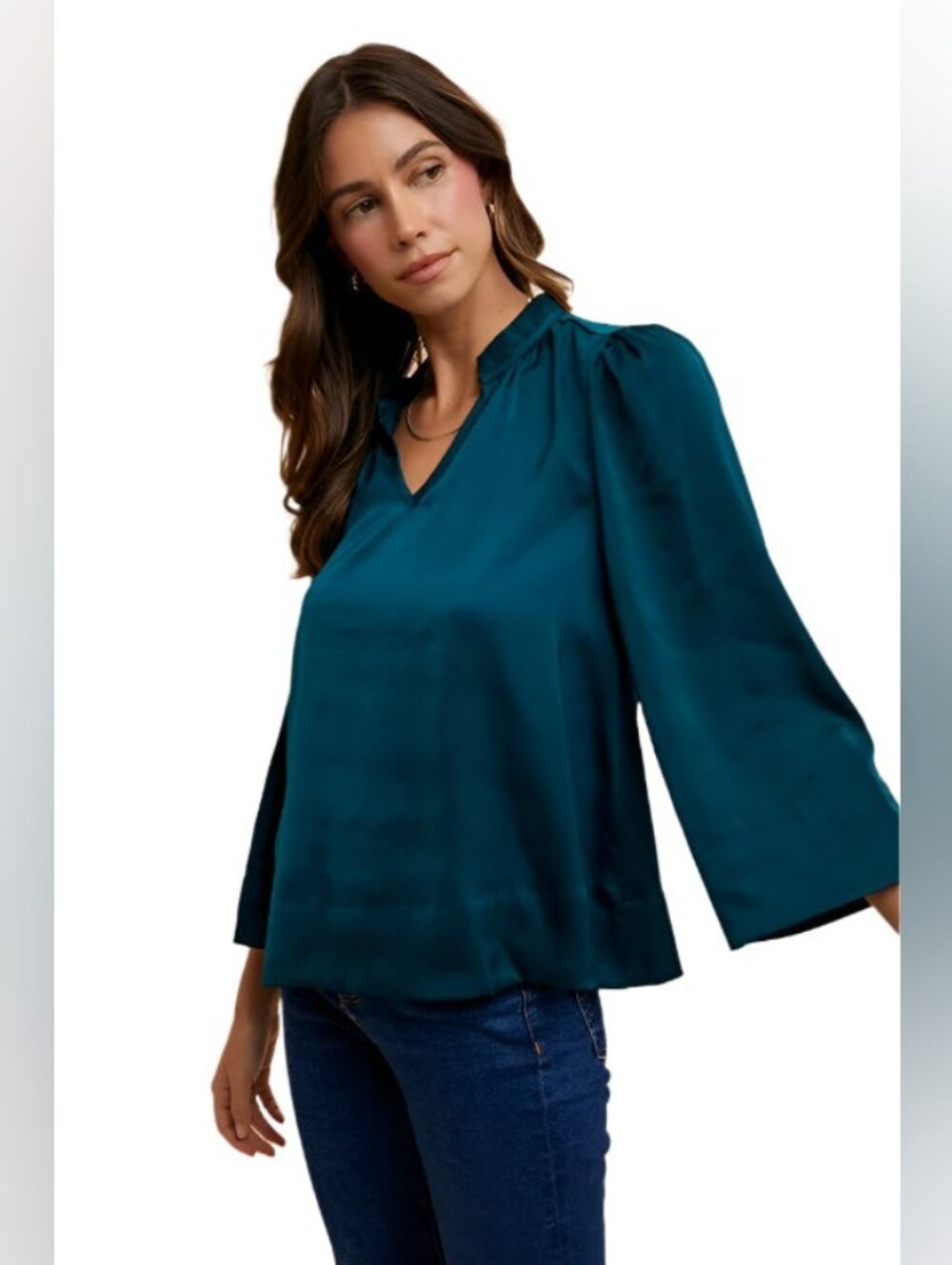 TEEK - Deep Teal Satin Notched Three-Quarter Sleeve Top